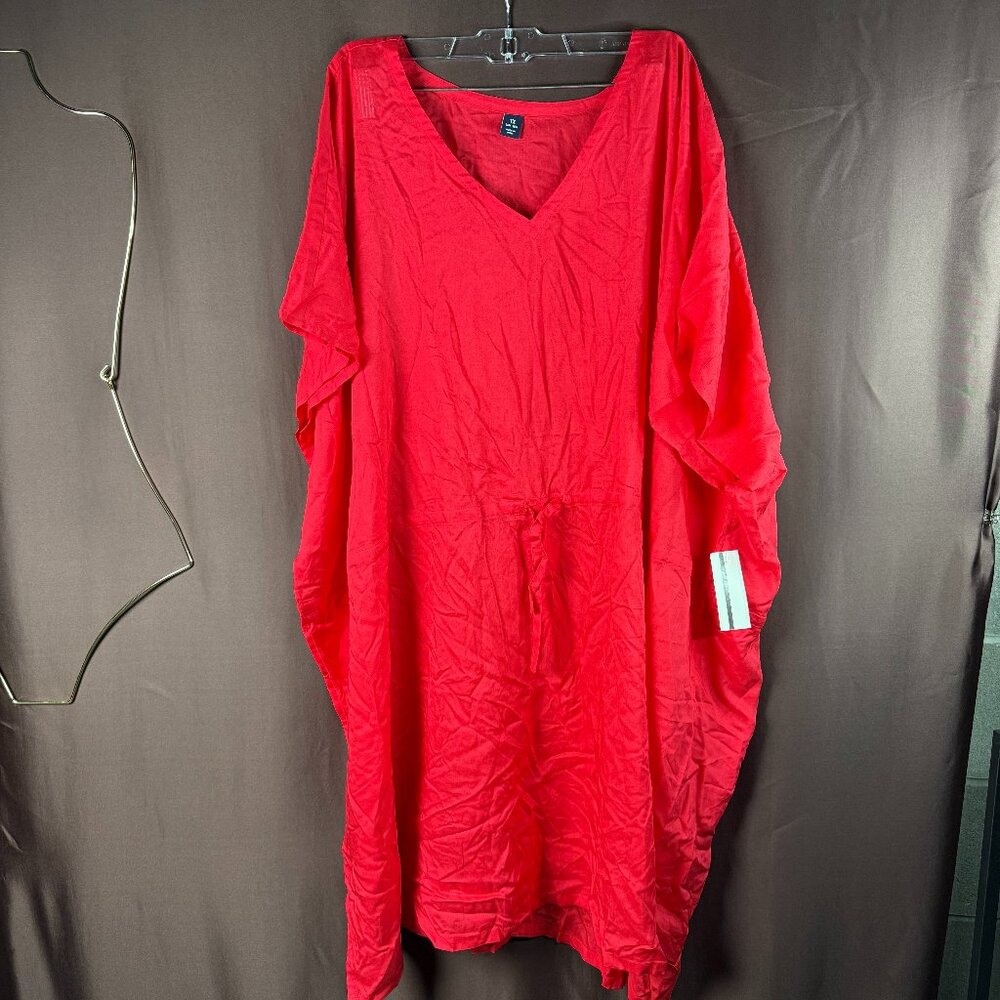 Lands' End Women's M-L Sheer Short Sleeve Gathered Waist Swim Cover-up Dress Ove